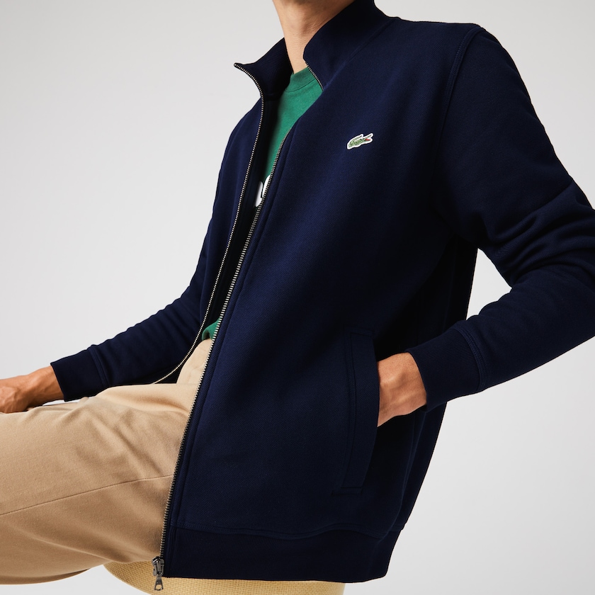 Chamarras Lacoste Zippered Stand-Up Collar Piqué Fleece Hombre Azul Marino Azules | PZ3-77097F0