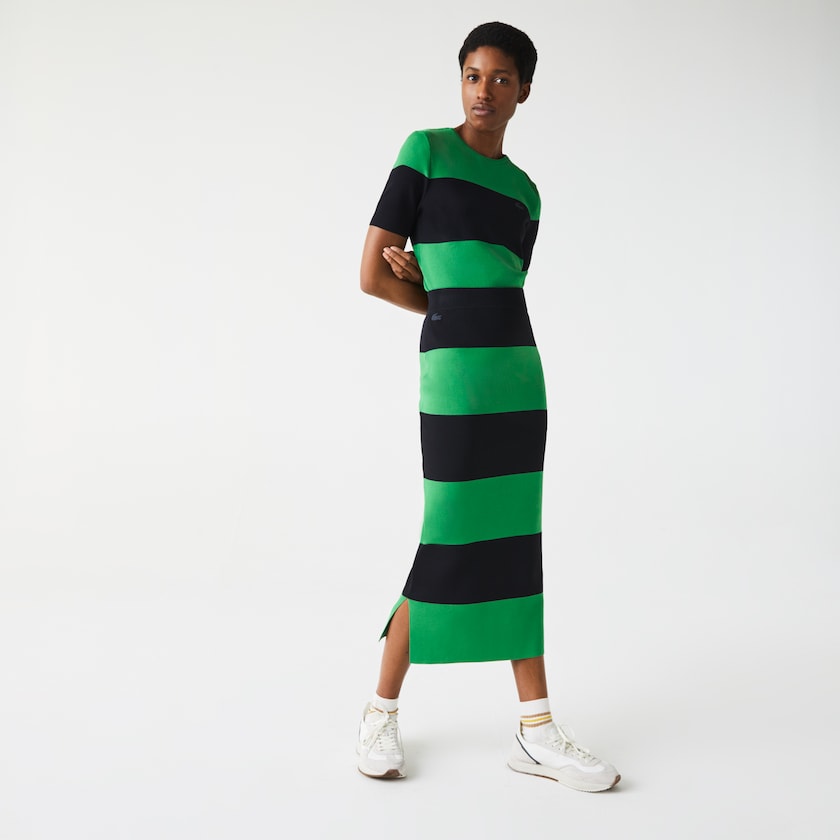 Falda Lacoste LIVE Long Striped Knit Mujer Verdes Azul Marino Azules | ET5-33643U6