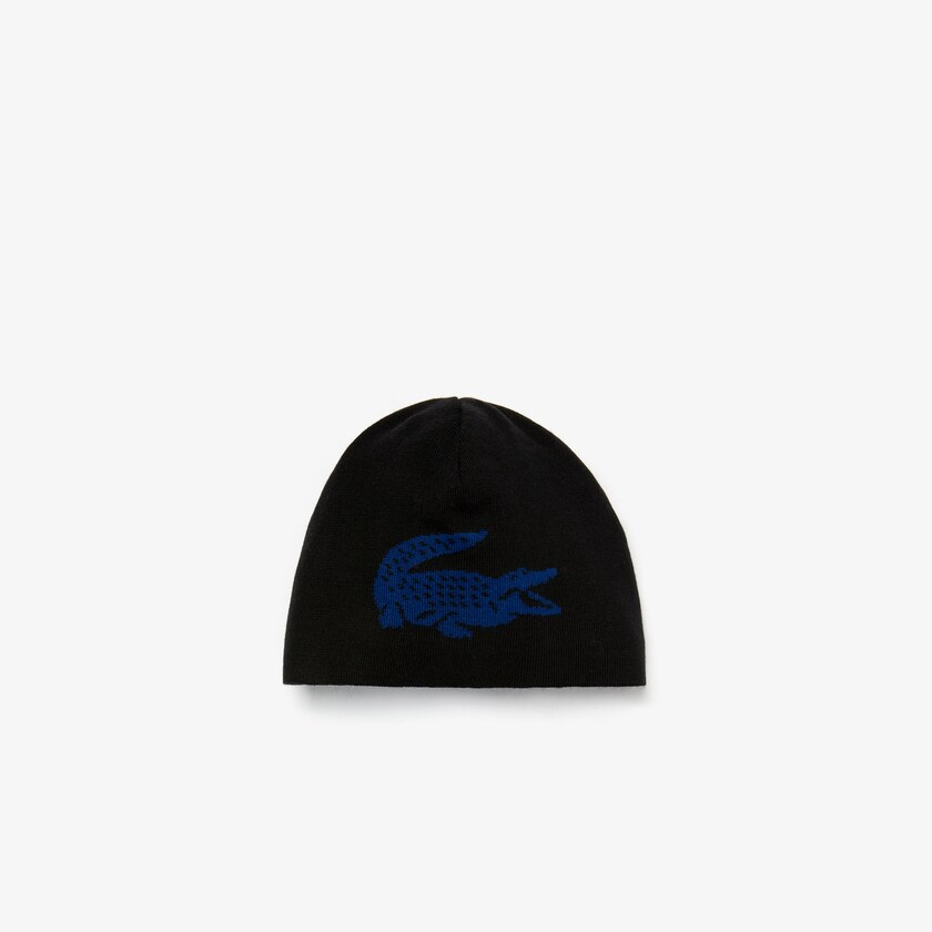 Gorras Lacoste Hombre Negros Azules Oversized Contrast Crocodile Reversible Wool Beanie IZ7-70437N9