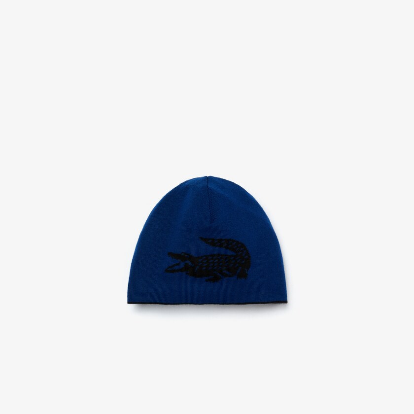 Gorras Lacoste Hombre Negros Azules Oversized Contrast Crocodile Reversible Wool Beanie IZ7-70437N9