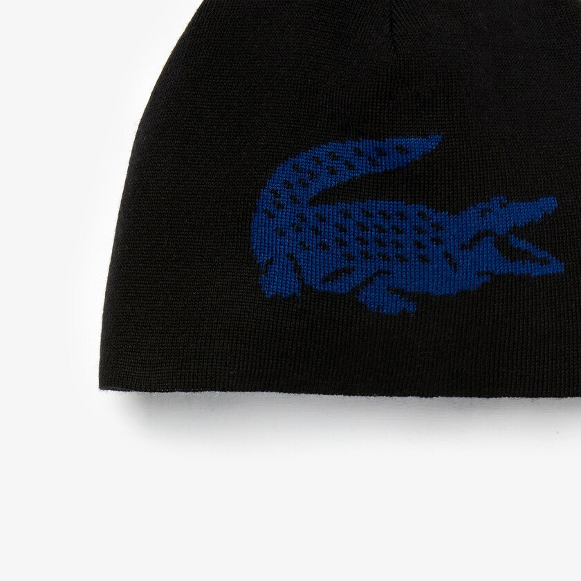 Gorras Lacoste Hombre Negros Azules Oversized Contrast Crocodile Reversible Wool Beanie IZ7-70437N9