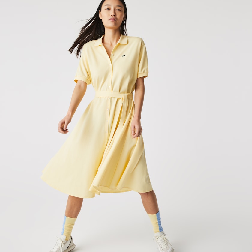 Vestido Tipo Polo Lacoste Cotton Piqué Belted Mujer Amarillos | JT0-30383R7