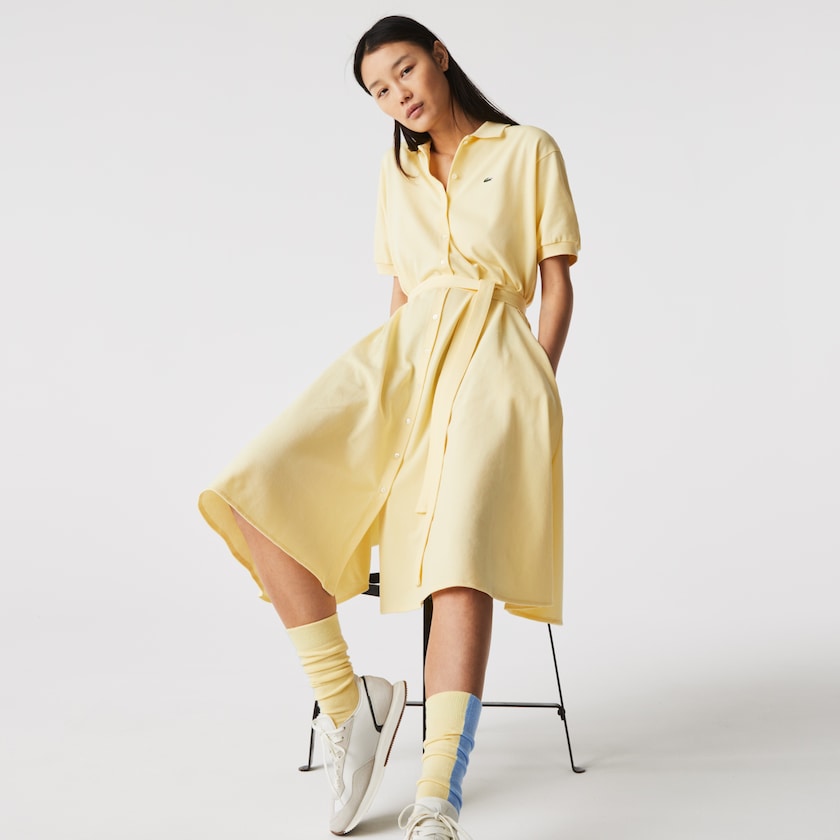 Vestido Tipo Polo Lacoste Cotton Piqué Belted Mujer Amarillos | JT0-30383R7