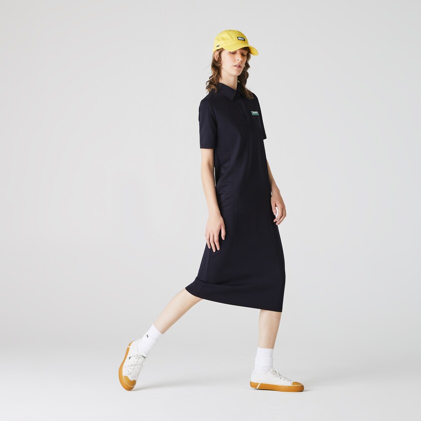 Vestido Tipo Polo Lacoste LIVE Straight Cut Badge Flowing Mujer Azul Marino Azules | AT1-74147E1