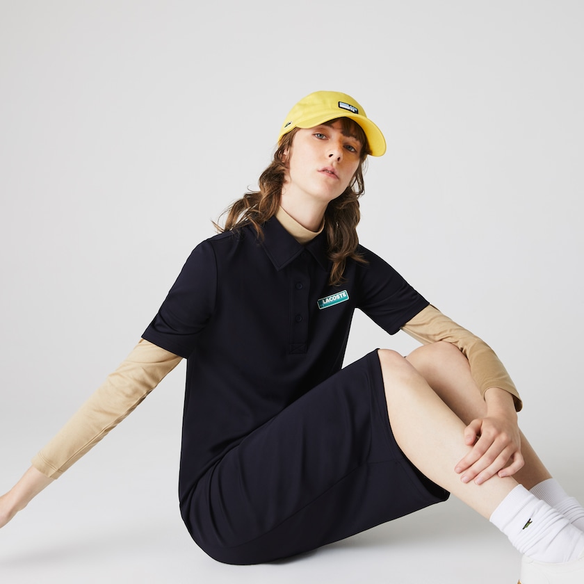 Vestido Tipo Polo Lacoste LIVE Straight Cut Badge Flowing Mujer Azul Marino Azules | AT1-74147E1