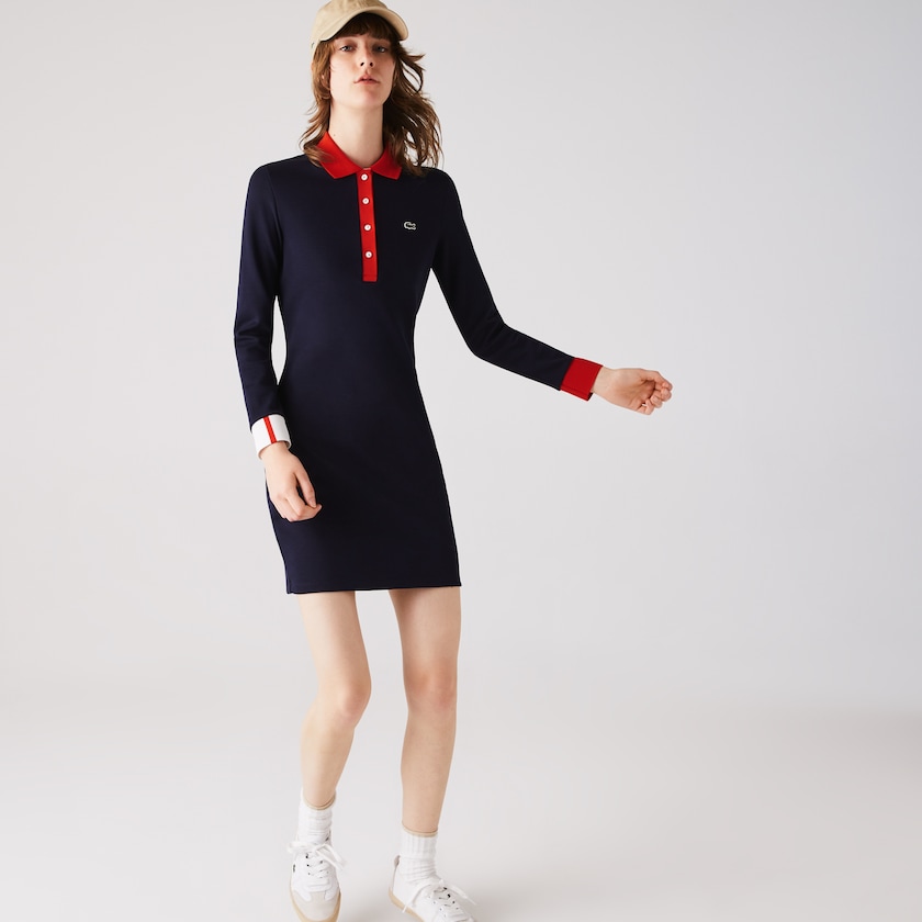 Vestido Tipo Polo Lacoste Made In France Stretch Cotton Jersey Mujer Azul Marino Azules Rojos Blancos | HS1-46984E9