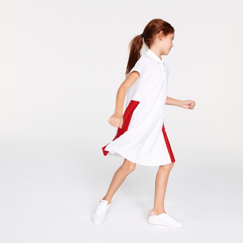 Vestido Tipo Polo Lacoste Pleated Lightweight Cotton Piqué Mujer Blancos Rojos | JU0-27362A0