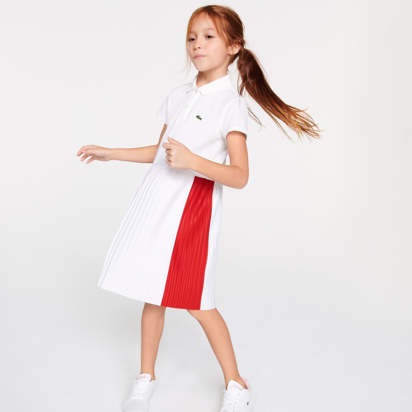 Vestido Tipo Polo Lacoste Pleated Lightweight Cotton Piqué Mujer Blancos Rojos | JU0-27362A0