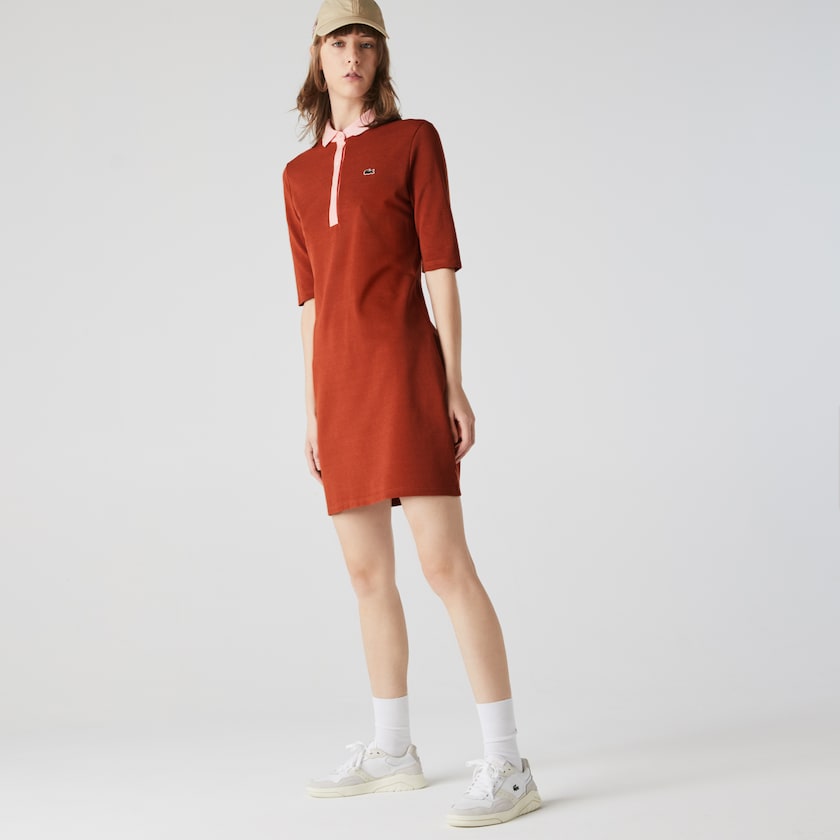 Vestido Tipo Polo Lacoste Premium Cotton Piqué Mujer Marrom Rosas | QL1-35163T0