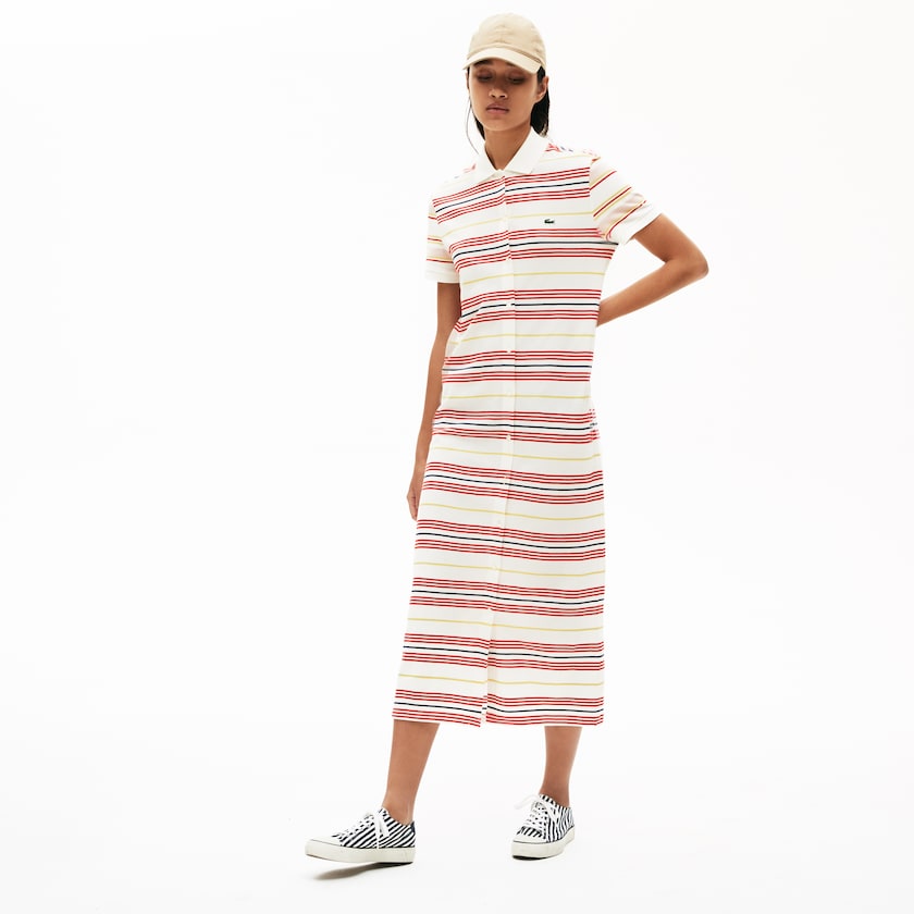 Vestido Tipo Polo Lacoste Striped Cotton Buttoned Mujer Blancos Rojos Amarillos Azul Marino Azules Rosas Claro | HE1-18761P6
