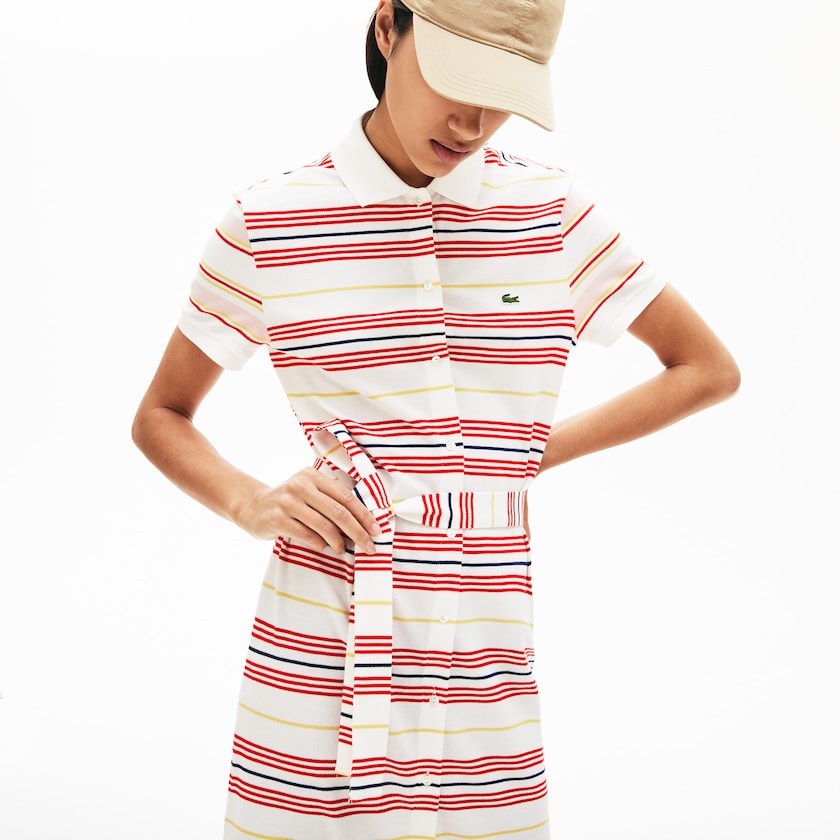 Vestido Tipo Polo Lacoste Striped Cotton Buttoned Mujer Blancos Rojos Amarillos Azul Marino Azules Rosas Claro | HE1-18761P6