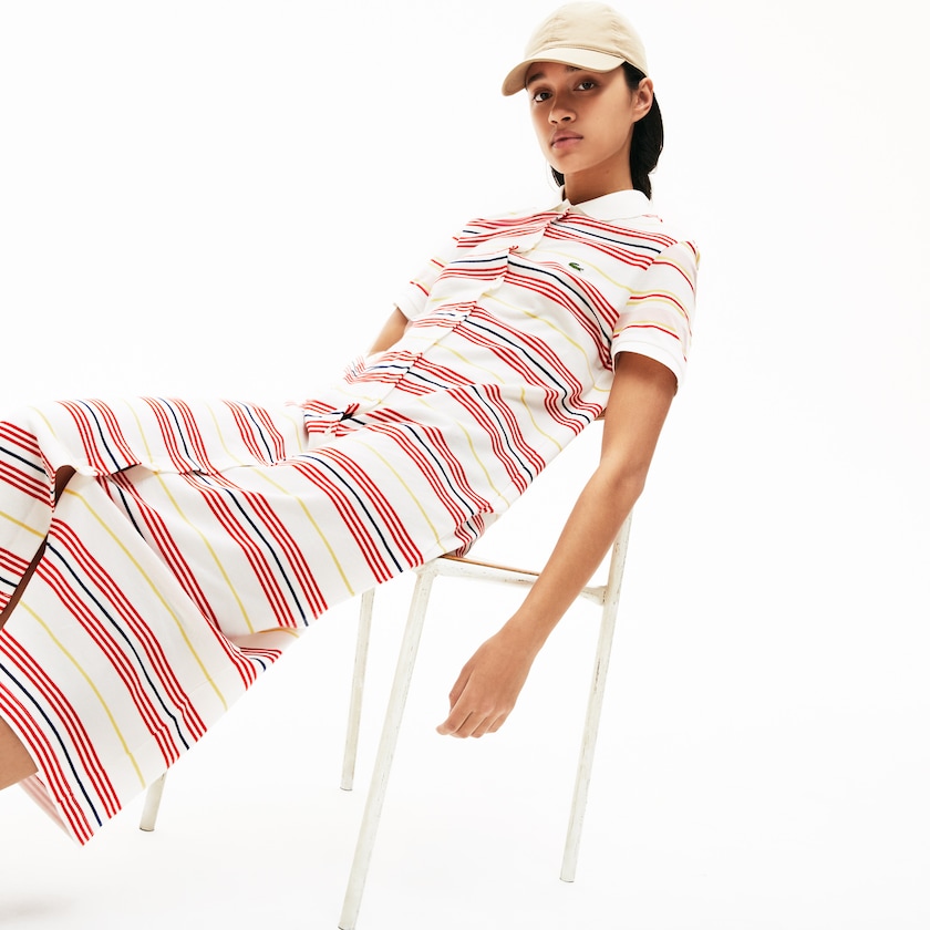 Vestido Tipo Polo Lacoste Striped Cotton Buttoned Mujer Blancos Rojos Amarillos Azul Marino Azules Rosas Claro | HE1-18761P6