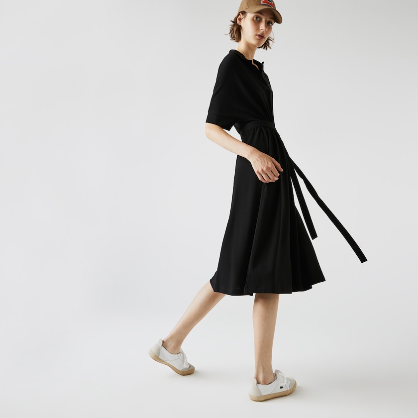 Vestido Tipo Polo Lacoste V-neck Fitted Flowy Piqué Mujer Negros | UA3-90659N7