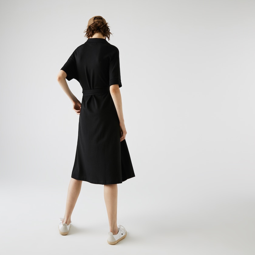 Vestido Tipo Polo Lacoste V-neck Fitted Flowy Piqué Mujer Negros | UA3-90659N7