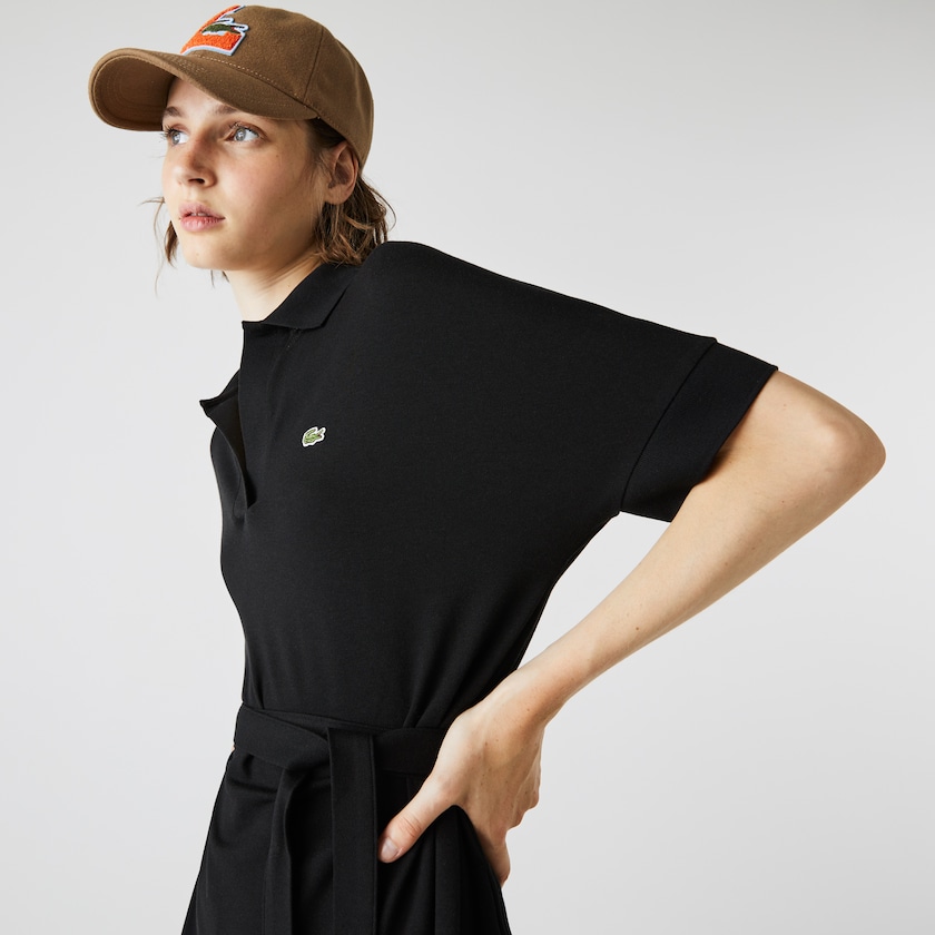 Vestido Tipo Polo Lacoste V-neck Fitted Flowy Piqué Mujer Negros | UA3-90659N7