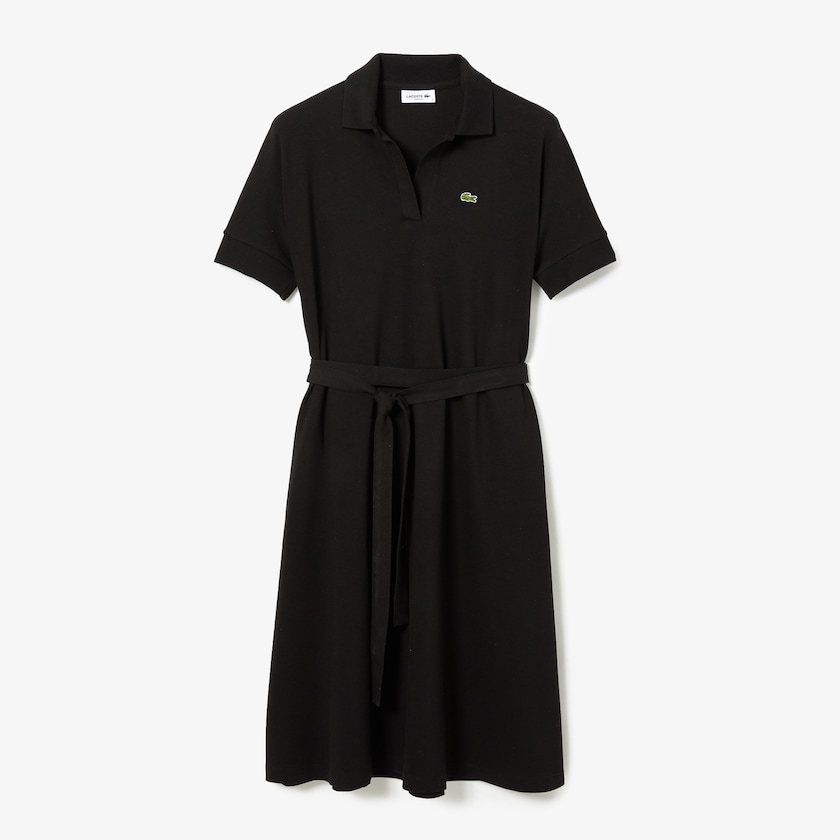 Vestido Tipo Polo Lacoste V-neck Fitted Flowy Piqué Mujer Negros | UA3-90659N7