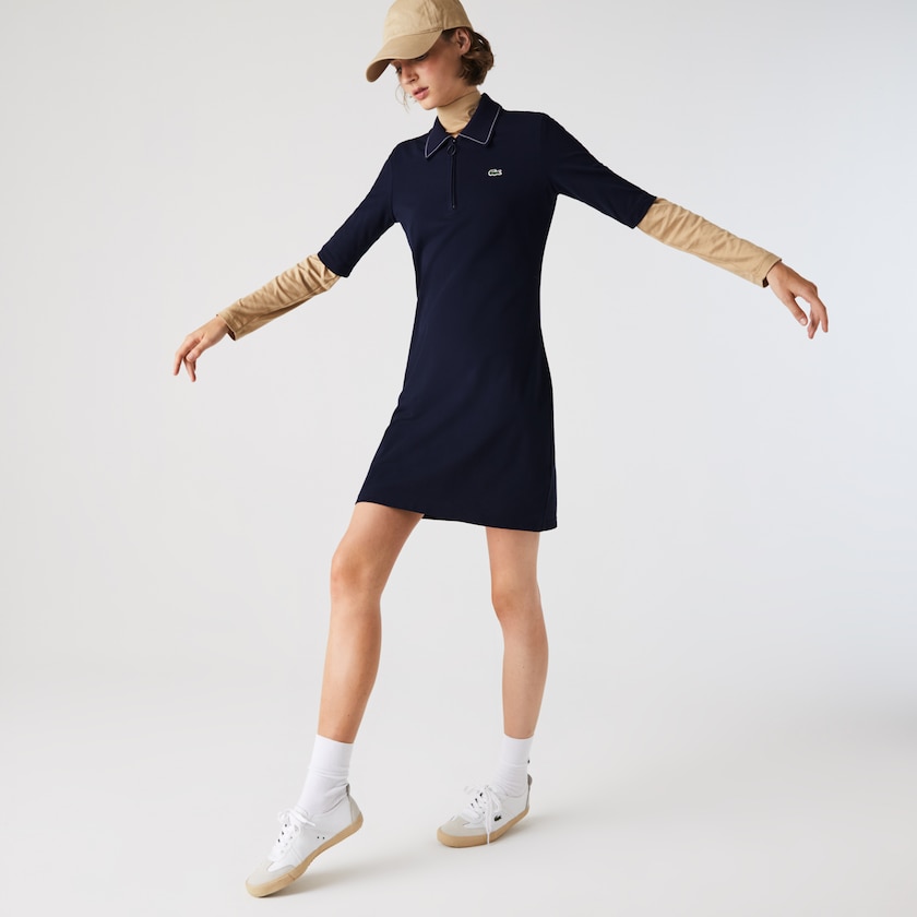 Vestido Tipo Polo Lacoste Zippered Short Stretch Cotton Piqué Mujer Azul Marino Azules Blancos | GB1-82348O5