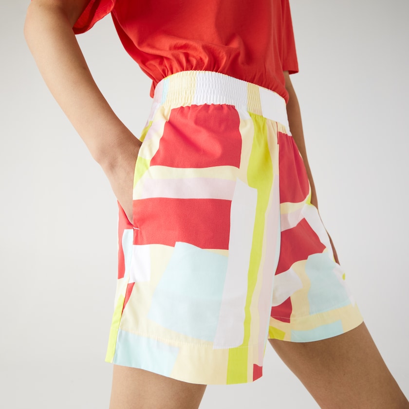 Short Lacoste Abstract-Print Cotton Poplin Mujer Amarillos Blancos | MR9-42874X4