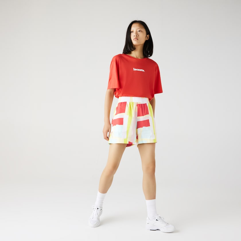 Short Lacoste Abstract-Print Cotton Poplin Mujer Amarillos Blancos | MR9-42874X4