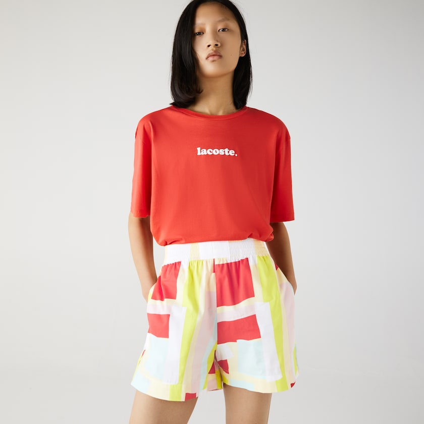 Short Lacoste Abstract-Print Cotton Poplin Mujer Amarillos Blancos | MR9-42874X4