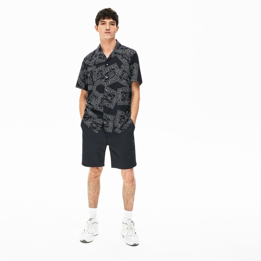 Short Lacoste Pinstriped Linen- Blend Bermuda Hombre Azul Marino Azules Blancos | SV7-69056P7