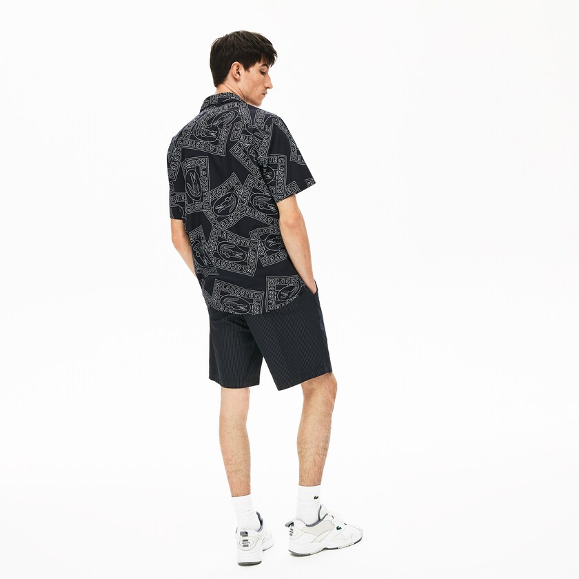 Short Lacoste Pinstriped Linen- Blend Bermuda Hombre Azul Marino Azules Blancos | SV7-69056P7