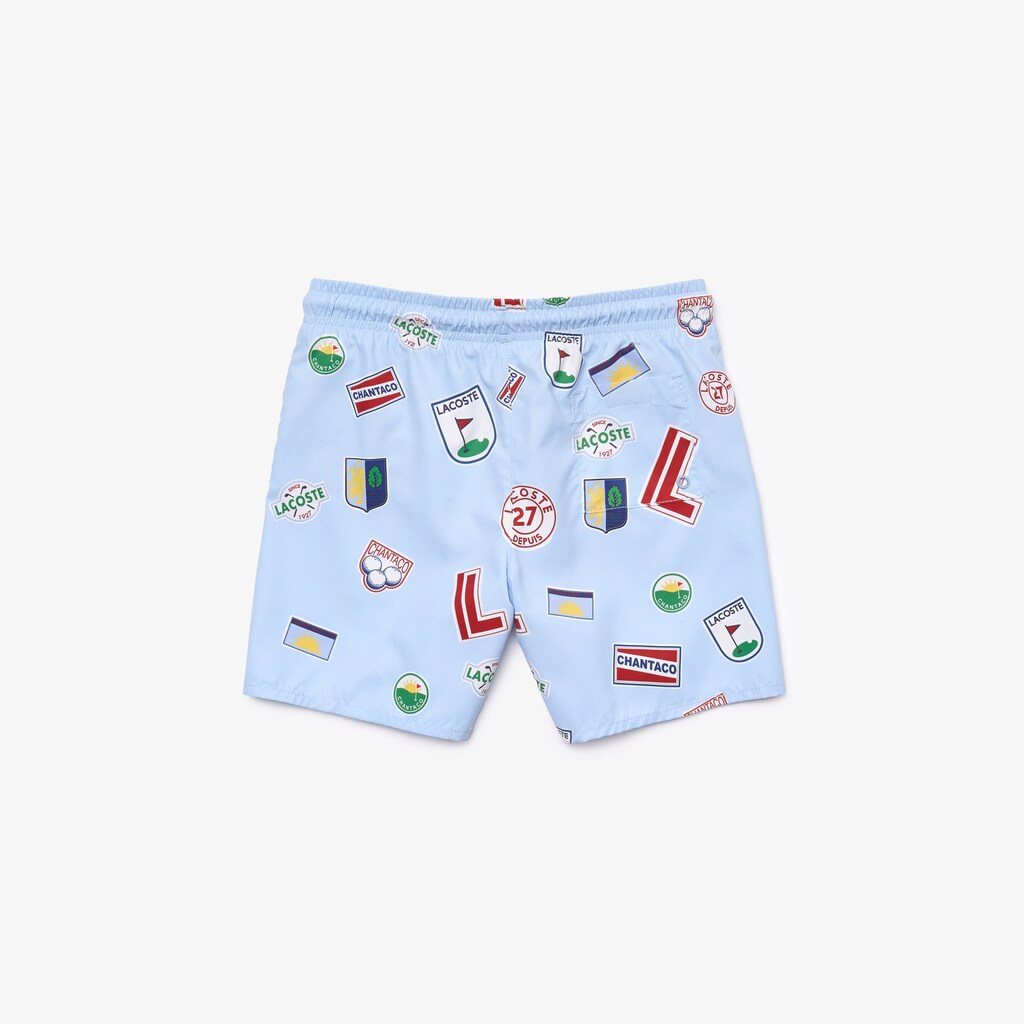 Short Lacoste Niños Azules Blancos Quick-Drying Badge-Print Swim Trunks PX7-52245N9