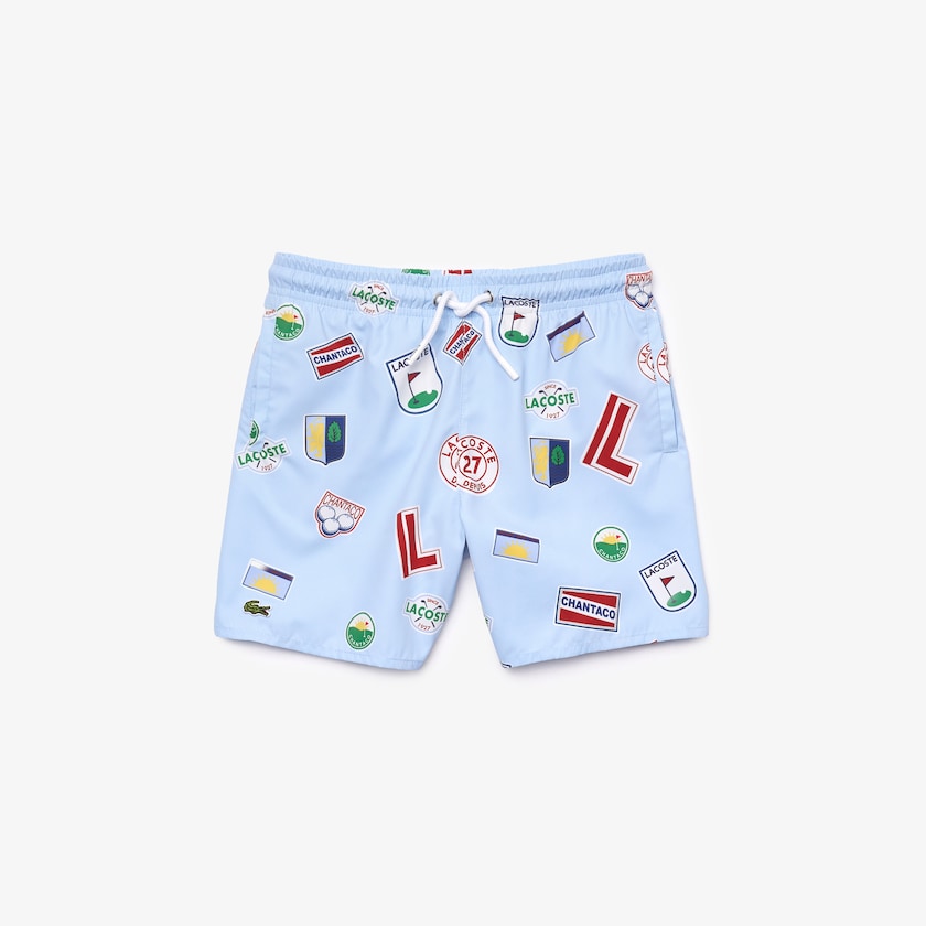 Short Lacoste Niños Azules Blancos Quick-Drying Badge-Print Swim Trunks PX7-52245N9
