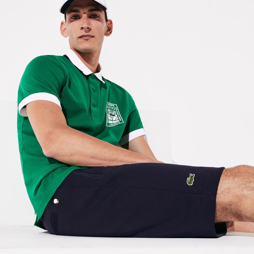 Short Lacoste SPORT Roland Garros Cotton Fleece Hombre Azul Marino Azules Verdes Blancos | IO3-02980Z6