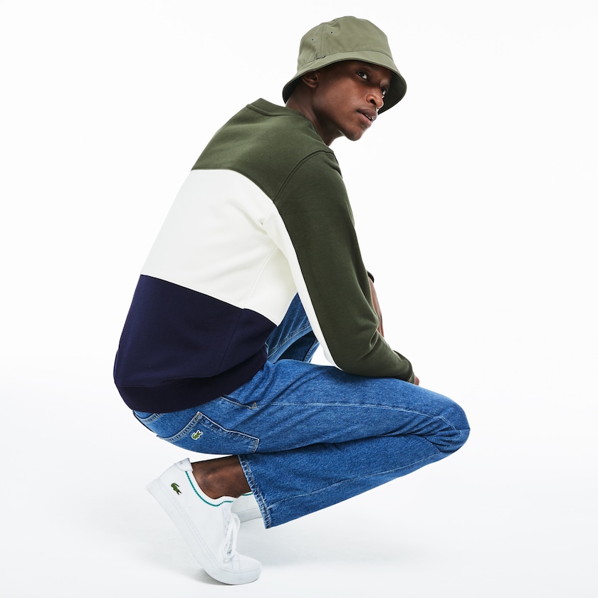 Sudaderas Lacoste Crew Neck Colorblock Piqué Fleece Hombre Azul Marino Azules Blancos Kaki Verdes | IF8-25072K8