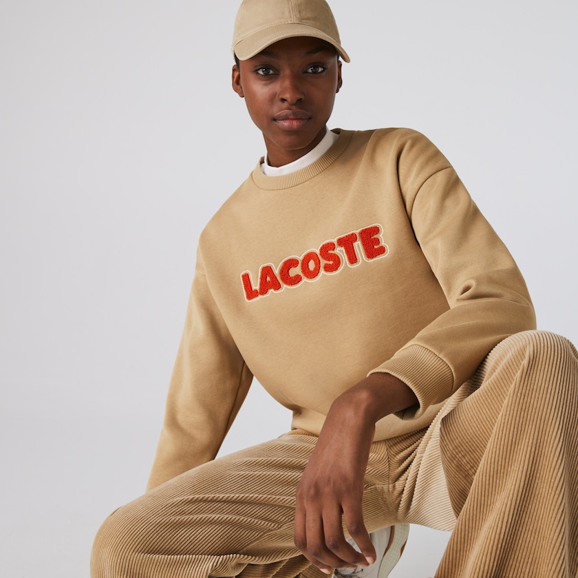 Sudaderas Lacoste Crew Neck Embroidered Fleece Mujer Beige | IN2-49404V5