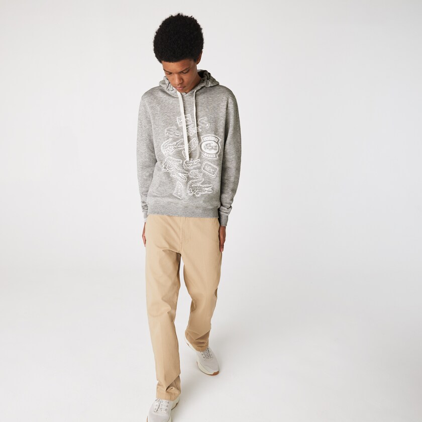 Sudaderas Lacoste Hooded Badge Print Fleece Hombre Grises | NT1-59175W0