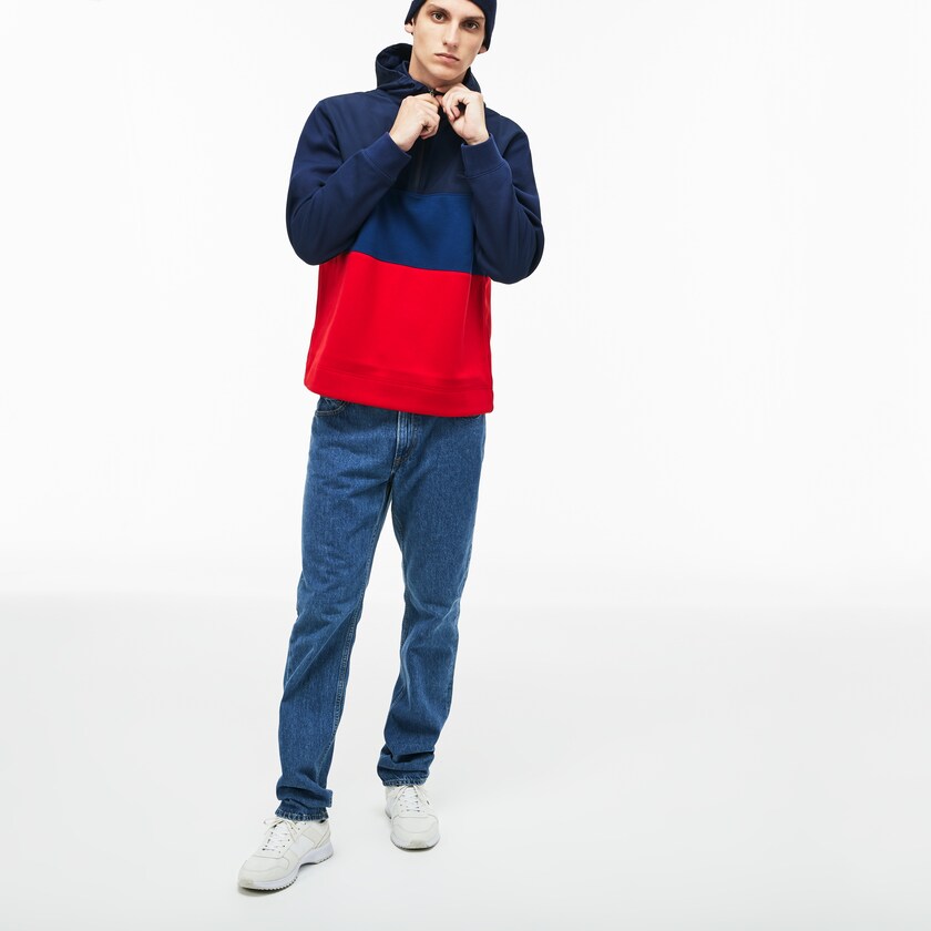 Sudaderas Lacoste Hooded Colorblock Fleece Jersey Hombre Azul Marino Azules Rojos | BZ9-36503E4