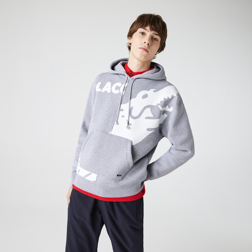 Sudaderas Lacoste LIVE Loose Fit Hooded Print Fleece Hombre Grises Blancos | CG4-63776V3