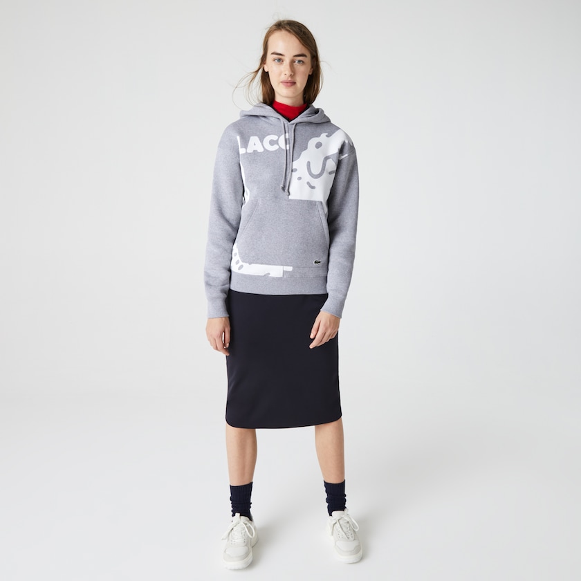 Sudaderas Lacoste LIVE Loose Fit Hooded Print Fleece Hombre Grises Blancos | CG4-63776V3