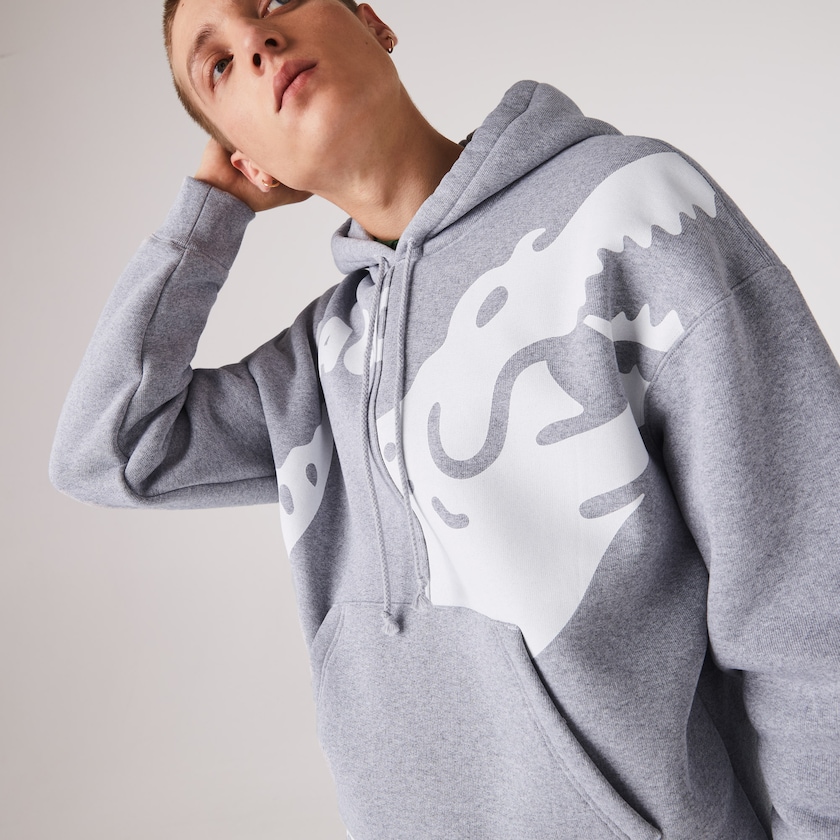 Sudaderas Lacoste LIVE Loose Fit Hooded Print Fleece Hombre Grises Blancos | CG4-63776V3