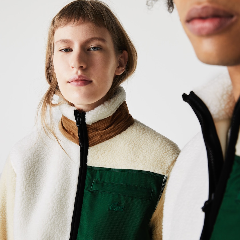 Sudaderas Lacoste LIVE Relaxed Fit Colorblock Sheepskin Fleece Mujer Beige Blancos | OC6-16121V8
