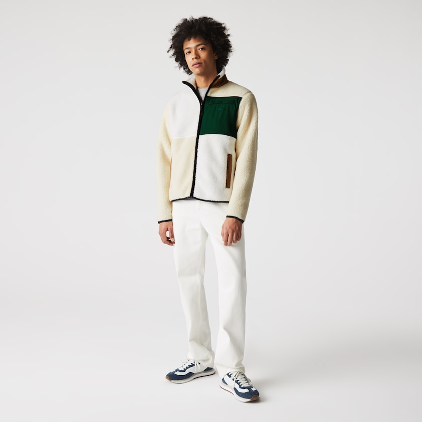 Sudaderas Lacoste Hombre Beige Blancos LIVE Relaxed Fit Colorblock Sheepskin Fleece JD1-11231H4