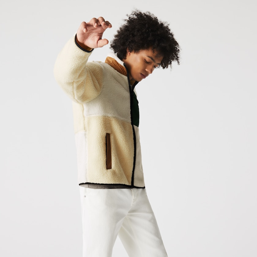 Sudaderas Lacoste Hombre Beige Blancos LIVE Relaxed Fit Colorblock Sheepskin Fleece JD1-11231H4