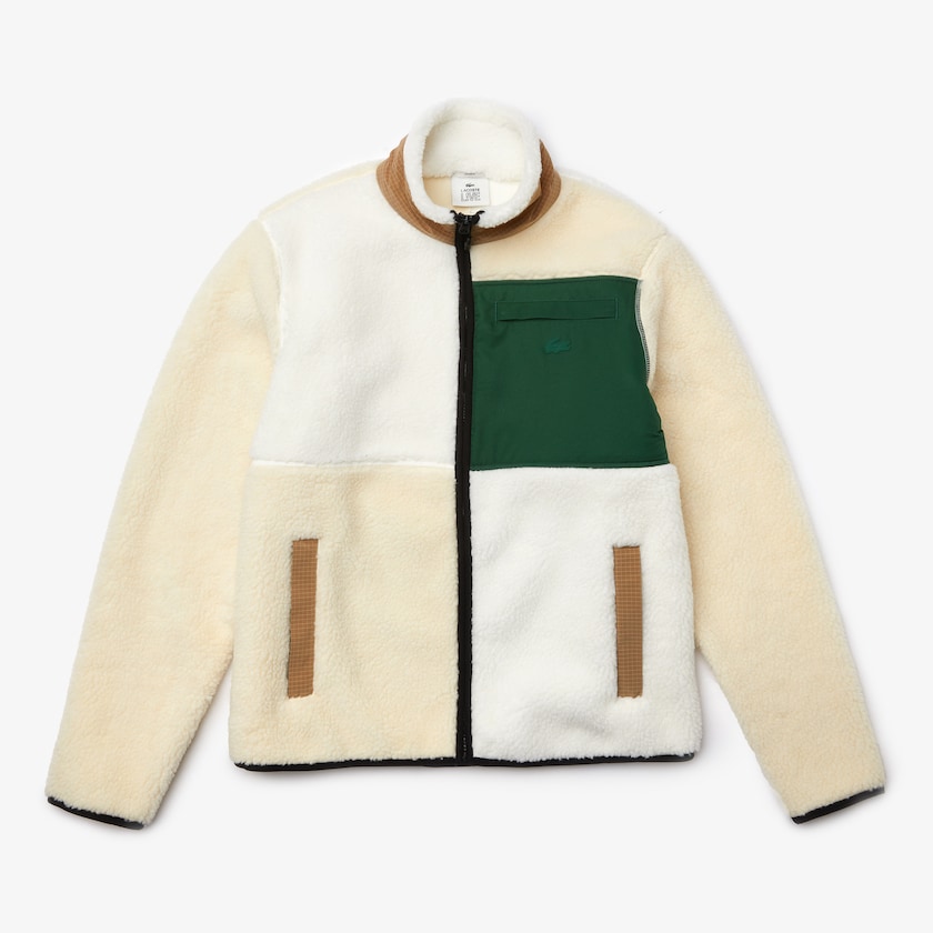 Sudaderas Lacoste Hombre Beige Blancos LIVE Relaxed Fit Colorblock Sheepskin Fleece JD1-11231H4