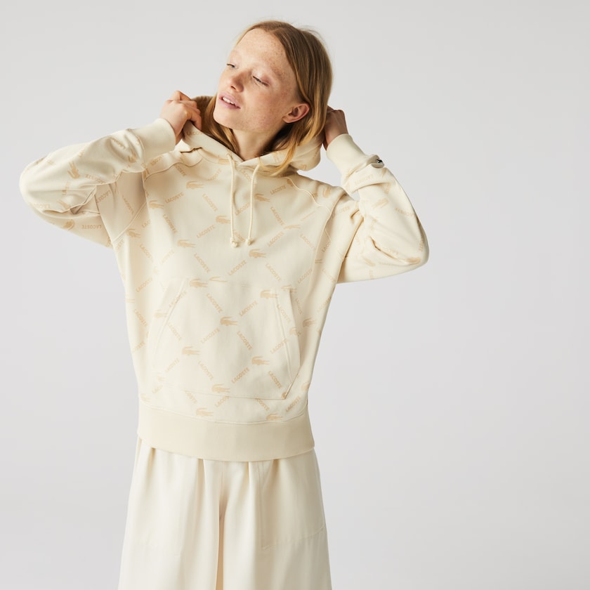 Sudaderas Lacoste LIVE Relaxed Fit Hooded Monogram Cotton Mujer Beige | IQ9-38603D5