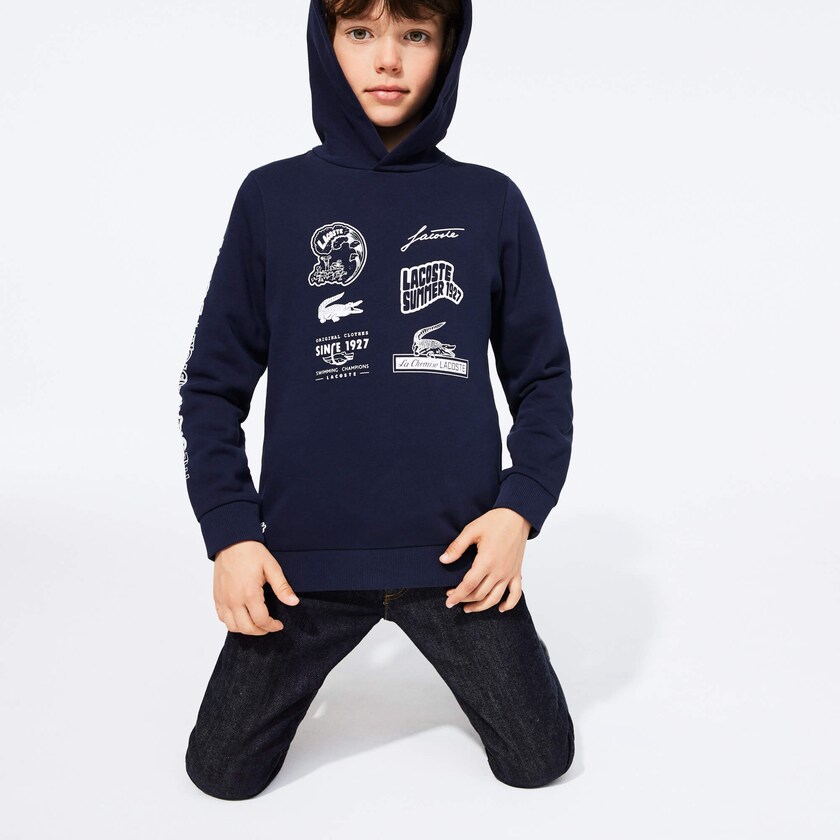 Sudaderas Lacoste Niños Azul Marino Azules Blancos Signature Logos Cotton-Blend Hoodie QT7-27042I1