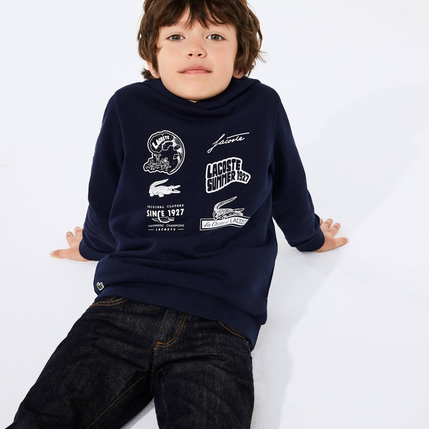 Sudaderas Lacoste Niños Azul Marino Azules Blancos Signature Logos Cotton-Blend Hoodie QT7-27042I1