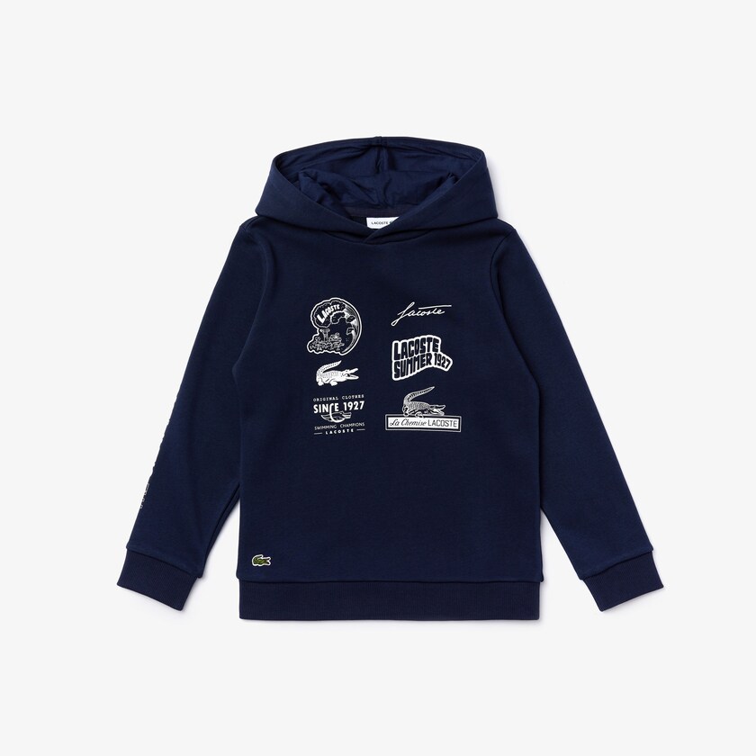 Sudaderas Lacoste Niños Azul Marino Azules Blancos Signature Logos Cotton-Blend Hoodie QT7-27042I1