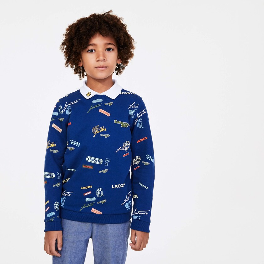 Sudaderas Lacoste Niños Azules Blancos Signature Print Cotton Fleece QB6-31803J7