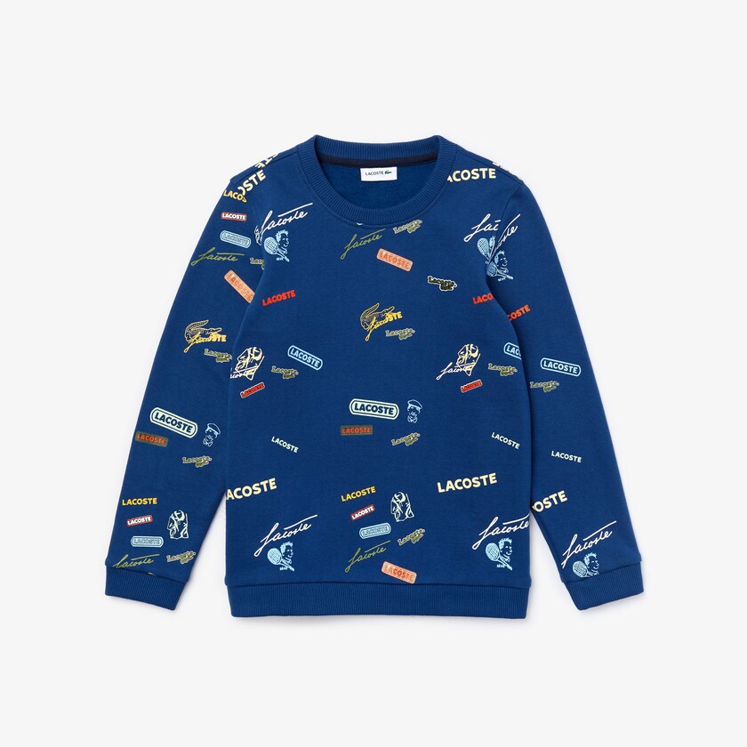Sudaderas Lacoste Niños Azules Blancos Signature Print Cotton Fleece QB6-31803J7