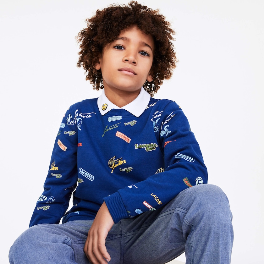 Sudaderas Lacoste Niños Azules Blancos Signature Print Cotton Fleece QB6-31803J7