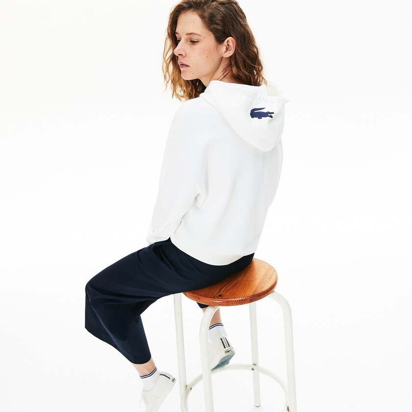 Sudaderas Lacoste Signature Wide Hooded Fleece Mujer Blancos | TK9-36893M1