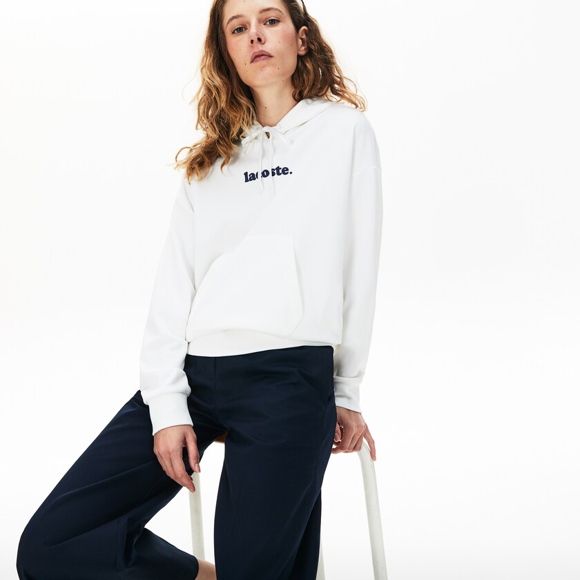 Sudaderas Lacoste Signature Wide Hooded Fleece Mujer Blancos | TK9-36893M1