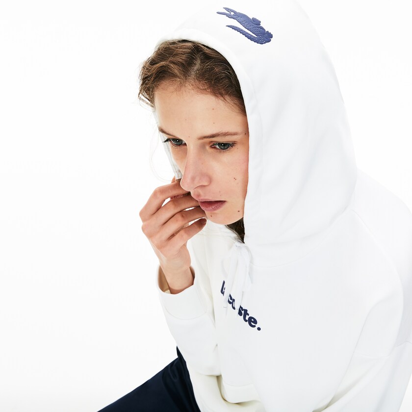 Sudaderas Lacoste Signature Wide Hooded Fleece Mujer Blancos | TK9-36893M1